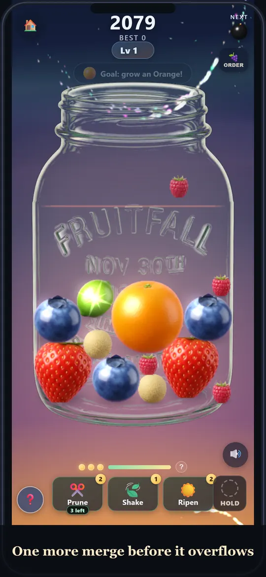 The jar nearly full, fruit close to the danger line.