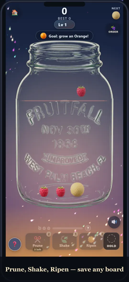 Gameplay: fruit stacked in the jar mid-merge.